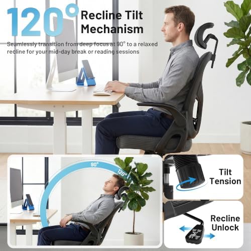 Office Chair Ergonomic Desk Chair with Adjustable Headrest Lumbar Support, High Back Breathable Mesh Chair with 120° Tilt & Flip-Up Armrests, Swivel Comfy Task Computer Chair for Work, Study