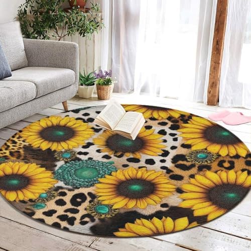 Home Decor Non Slip Kitchen Office Circle Rug, Machine Washable Modern Round Area Rug, Room Sofa Yoga Soft Round Carpet Retro Sunflowers Animal Leopard Print Art, 60inch