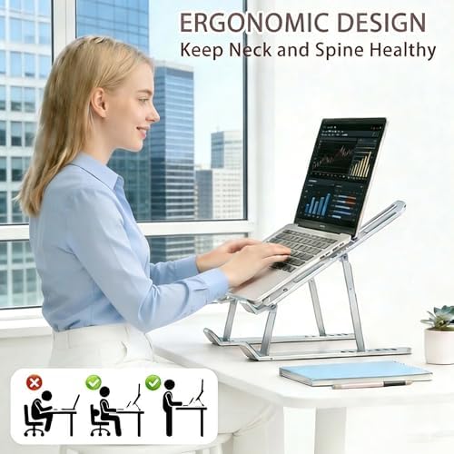 Ergonomic Foldable Computer Stand, 10-Level Height Adjustable Aluminum Laptop Stand, Compatible with 17.3 Inch Laptops, Tablets & Drawing Tablets, for MacBook, HP, Lenovo, Dell (Silver)