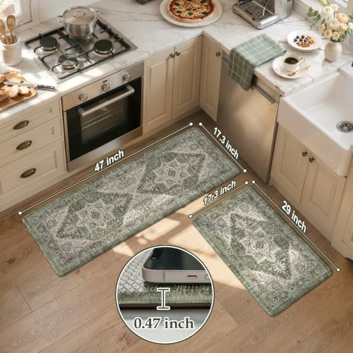 KIMODE Anti Fatigue Mats for Kitchen Floor, Green Distressed Kitchen Rugs