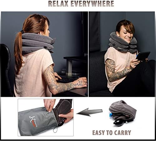 Pinched Nerve Neck Stretcher Cervical Traction Device for Home Pain Treatment | Inflatable Spinal Decompression Collar Unit Muscle Strain Injury Relief | Herniated Disc Problems Remedy Kit (Gray)