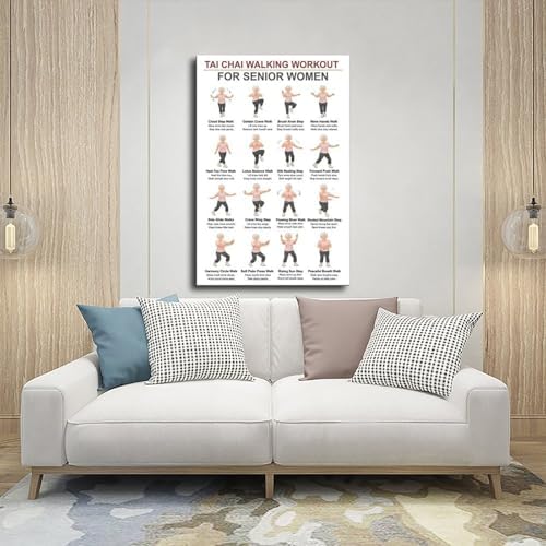 Women Tai Chi Walking Workout Chart Tai Chi Walking Seniors Seniors Exercises for Exercise Canvas Poster Wall Art for Living Room Bedroom Decor Frame 12x18inch