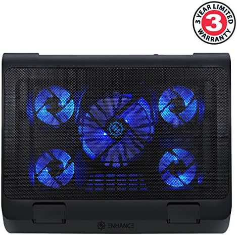 ENHANCE Gaming Laptop Cooling Pad Stand with LED Cooler Fans , Adjustable Height , & Dual USB Port for 17 inch Laptops - 5 Ultra Quiet High Performance Fans 2630 RPM & Built-In Bumpers - Blue