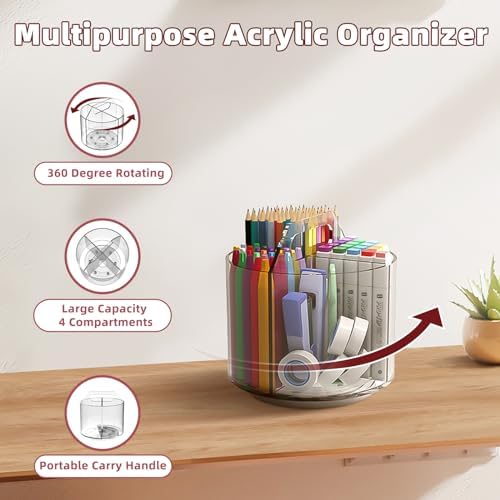 Absonic Pencil Holder for Kids, 360 Rotating Pen Holder for Desk Organizer and Storage, 4 Compartments Art Supply Marker Organizer, Acrylic Kids Desk Organizer for School Lazy Susan Organizer