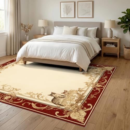 6'x9' Ivory Cat Crimson Motif with Swirls Ultra-Soft Area Rug