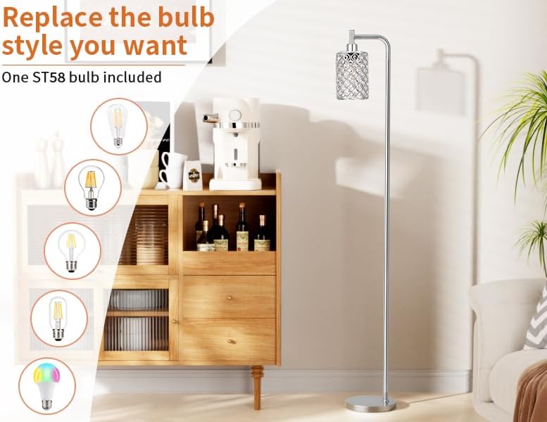 Ziisee Crystal Floor Lamp - Industrial Modern Standing Lamps with LED Bulb for Living Room Bedroom Office - Silver