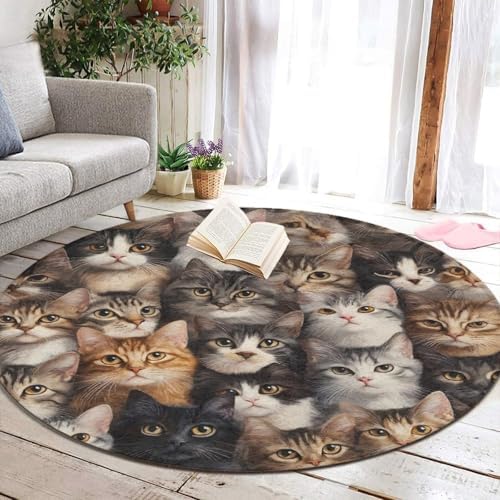 Large Machine Washable Circular Rugs, Home Decor Round Mat for Living Room Sofa Office Cute Cats