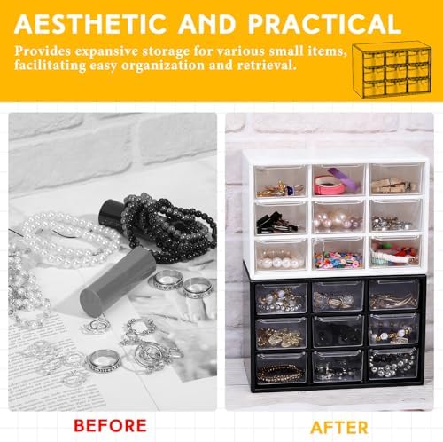 Wenqik 2 Pcs Mini Storage Drawers with 9 Clear Drawers, Black, White