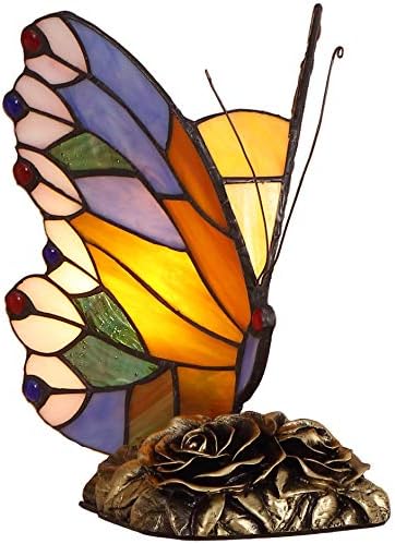 Bieye L11406 Butterfly Tiffany Style Stained Glass Accent Table Lamp Night Light for Bedside Living Room Bedroom, 8" W x 9" H