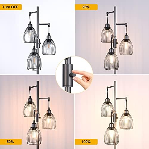 Nintiue Dimmable Floor Lamp, 3 x 800LM LED Edison Bulbs Included, Industrial Floor Lamp Standing Tree Lamp with Elegant Teardrop Cage Heads Tall Lamps for Living Room Bedroom-Grey