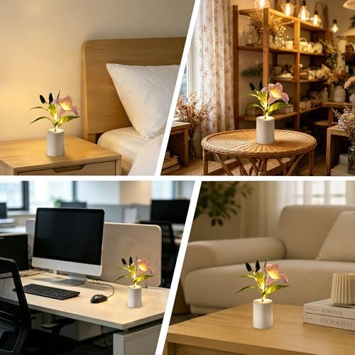 Artificial Pink Lily Lamp, Home Cafe Decor Light Birthday Gifts for Women