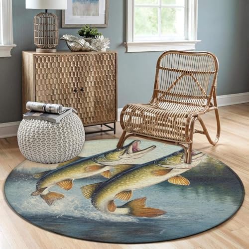 Highly Premium Quality Floor Mat, Office Chair Decor Mat, Room Sofa Yoga Soft Round Carpet Two Bass Fish Jumping Out of Water Painting, 24inch