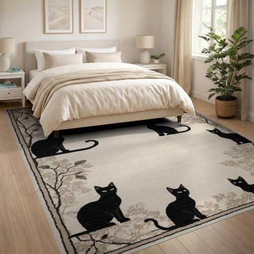 8'x10' Black Cat Taupe Design with Motifs Washable Area Rug