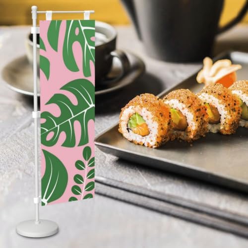 Green and Pink Palm Leaf Deluxe Desk Flag Set, 12 x 4 Inch Miniature Table Flag with 14" Pole & Stand Base