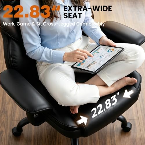 Office Desk Chair, Big and Tall Gaming Chair with Foot Rest, Ergonomic High Back Computer Chair with Soft Adjustable Armrests, Lumbar Support Pillow, Executive Leather Chair (PU, Black)