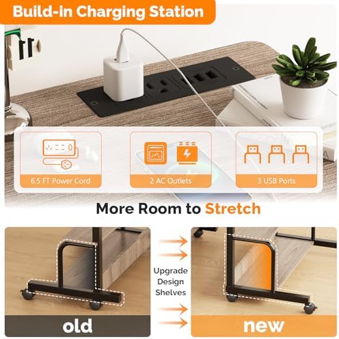 FCH 31.5" Mobile Small Standing Desk, Adjustable Height Mobile Computer Desk, w/2 AC Outlets + 3 USB Ports & Hooks, Storage Shelves, Suitable for Gaming, Studying, Home Office, Gray