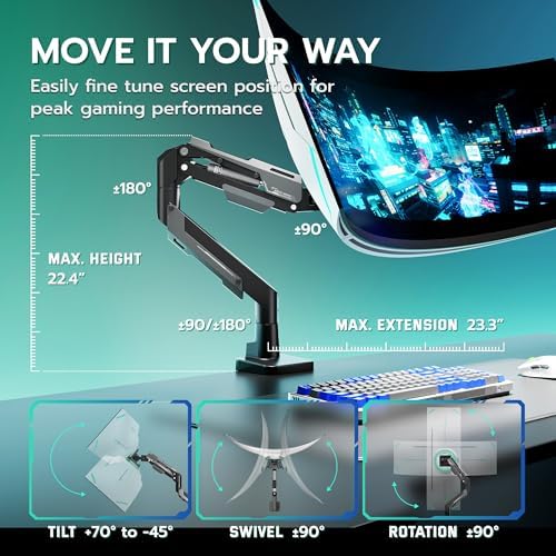 ARES WING Heavy Duty Monitor Arm for 24-57 Inch Screens, Black