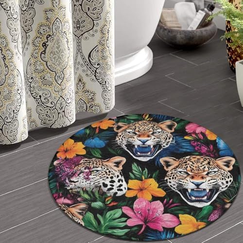 Room Sofa Yoga Soft Round Carpet, Home Decor Non Slip Kitchen Office Circle Rug, Machine Washable Modern Round Area Rug Jungle Florals Cheetah Leopard Print, 60inch