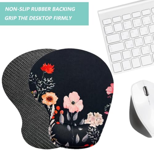 Mouse Pad with Wrist Support, Ergonomic Mouse Pads with Memory Foam Wrist Rest, Easy Typing Pain Relief, Comfortable Home Office Computer Wrist Support Pads for Working Studying Gaming, Flower Black