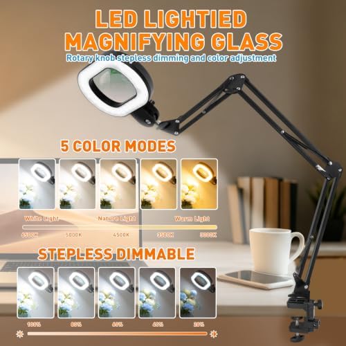Magnifying Glass with Light and Clamp, 5in 12X Extended Arm