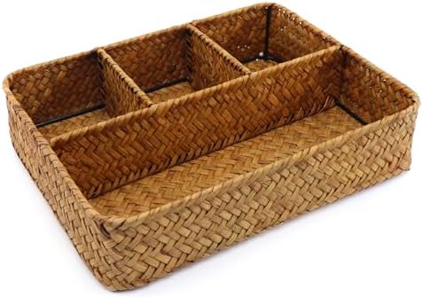 Nonam 4-Section Seagrass Tea Bag Organizer,Wicker Divided Basket,Natural