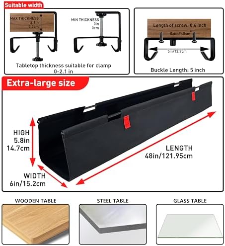 Under Desk Cable Management No Drill – 48" L x 6" W Cord Organizer, Upgraded Silicone Pads (No Scratch), 16 Cable Slots, Washable PE Honeycomb Base, Fits Desks 0–2.1" Thick, Black