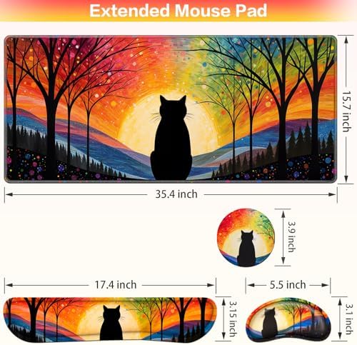Mouse Pad with Wrist Rest Black Cat, 4-in-1 Large Mousepad Keyboard