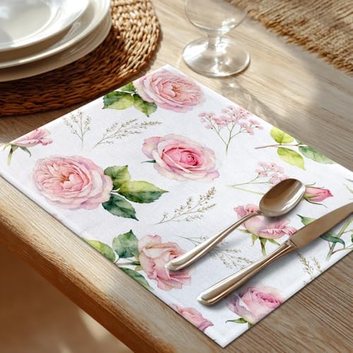 Shrahala Flower Vintage Placemats, Art Vintage Victorian Rose Watercolor Table Mat Linen Burlap Washable Double-Deck Heat Insulation for Dining Table Kitchen Table Set of 8 (12 X 18 Inch)
