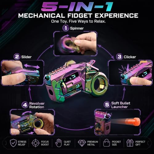 Metal Fidget Toys Gun for Adults: EDC Stress Relief Fidget Spinner Toy, 5 in 1 Mini Cool Fidgets Guns with Slider & Finger Ring for Men (JJ011 - Colorful)