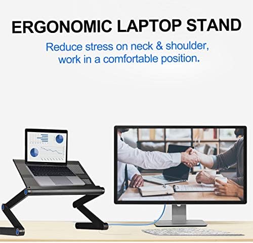 Upgraded Adjustable Aluminum Laptop Desk, with Cooling Fan, Mouse Pad, Notebook, MacBook Laptops Table Stand for Home Office, Ergonomic Lap Desk TV Bed Standing Desk