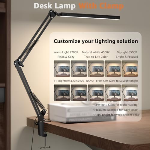 Upgrade Swing Arm LED Desk Lamp with Clamp, 80 LED Beads, 5 Color Modes & 11 Brightness Levels, 360° Adjustable Arm, Eye-Caring Light CRI95, Timer & Memory Function, for Office, Study, Crafting