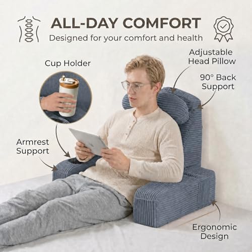 Reading Pillow for Adults, Back Pillow for Bed Sitting Up, Backrest Pillow for Sitting in Bed, Detachable Arms with Built-in Cup & Phone Caddy (Dark Gray-Corduroy, 19 INCH)
