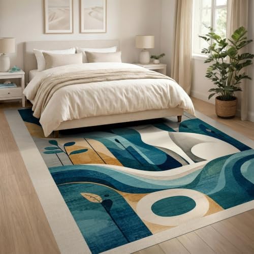 8'x10' Teal Blue Cat Boho Abstract Design Ultra-Soft Area Rug