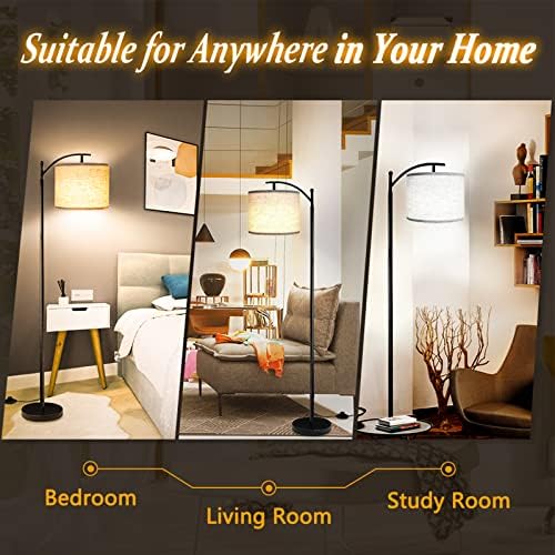 ROTTOGOON Floor Lamp with 3CCT LED Bulb, Gray Linen Lamp Shade for Living Room, Modern Standing Lamp for Bedrooms - Black