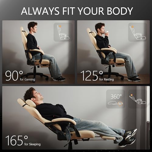 Dowinx Gaming Chair for Adults with Footrest, Reclining Gamer Chair with Massage Lumbar Support, Ergonomic Big and Tall Office Computer Chair 400LBS, High Back PU Leather Gaming Computer Chair,Ivory