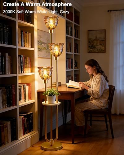 Lightdot Glass Floor Lamp with Shelf Amber Glass Flower Gold Floor Lamps
