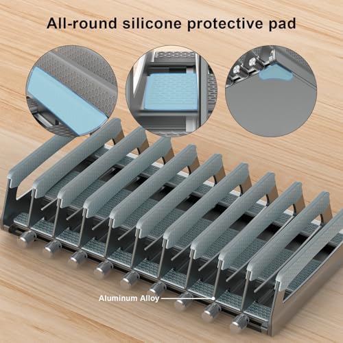 Elestoria 10-Slot Vertical Laptop Stand & Holder – Adjustable Aluminum Laptop Stand Vertical for Desk Fits 10 Devices, MacBook & Gaming Laptops (Up to 17.3”) – Space Saving Laptop Storage Rack - Grey