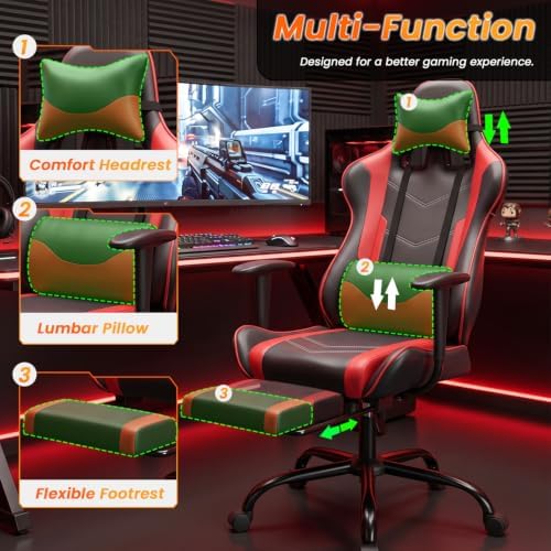 BestOffice Women's Red Gaming Chair, Sturdy Faux Leather, 360-Degree Rotating, Lumbar Support, Massage Vibration, Easy Assembly, 21.7"W x 20.9"D x 45"H