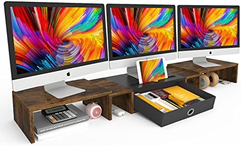 WESTREE Triple Dual Monitor Stand Riser with Drawer,Extra Large Adjustable for 2~3 Monitors,Solt for Phone & Tablet, Desktop Organizer Stand for Computer,Laptop,Printer,TV