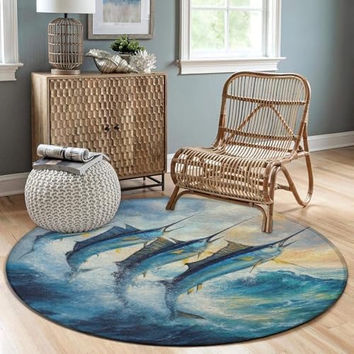 Room Sofa Yoga Soft Round Carpet, Home Decor Non Slip Kitchen Office Circle Rug, Machine Washable Modern Round Area Rug Whimsical Fish Painting, 24inch