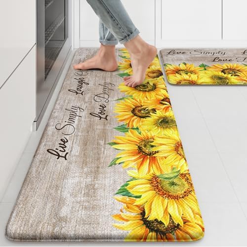 KIMODE Anti Fatigue Kitchen Mat for Floor,Farmhouse Sunflower Kitchen Rugs