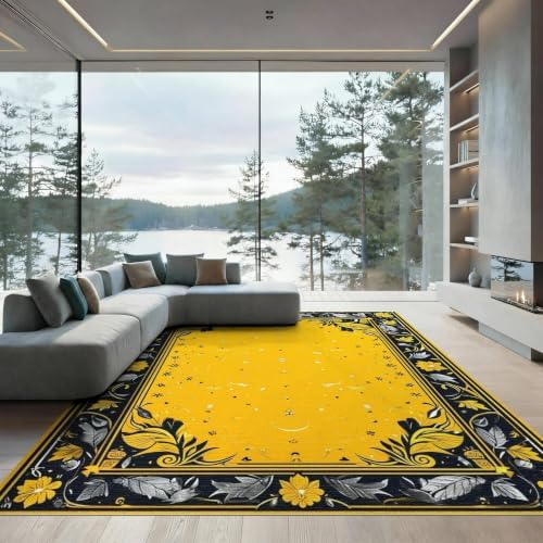 6'x9' Yellow Black Cat Golden Feline Motif Washable Area Rug