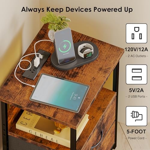 Fixwal Night Stand with Charging Station, Led Nightstand, 2 Fabric Drawers
