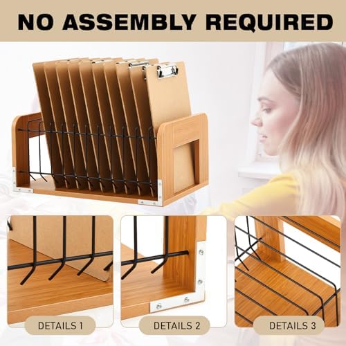 1 Pcs Vertical Clipboard Holder, 12Slot Clipboard Storage Rack, Bamboo Wood