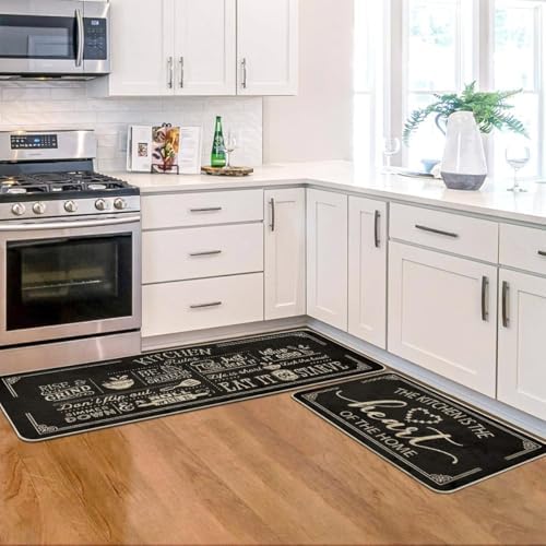 Artoid Mode Black Cooking Sets Kitchen Mats Set of 3, Seasonal The Kitchen is The Heart of The Home Holiday Party Low-Profile Floor Mat for Home Kitchen - 17"x29"+17"x36"+17"x47"