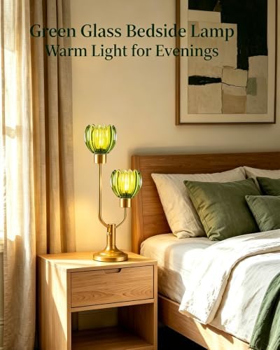 Green Glass Flower Table Lamp for Bedroom Dimmable 2 Bulbs Included