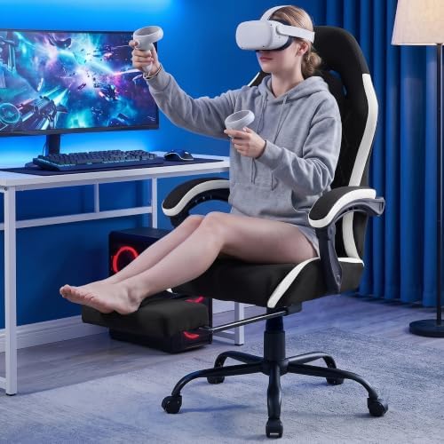 Gaming Chair with Footrest, Ergonomic Fabric Desk Chair, Black
