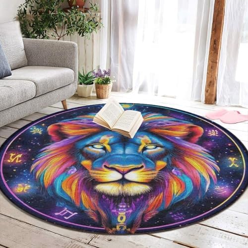 Large Round Area Rug Home Decor Modern Bathroom Rug Kitchen Office Circle Rug for Living Room Sofa Circle Cute Mat Trippy Lion Leo Constellation Art, 36inch