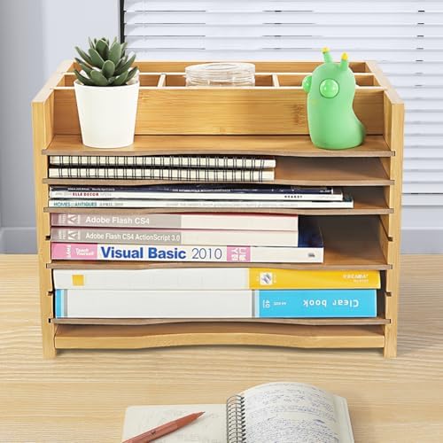 WKWKER 5-Tiers Bamboo File Organizer Paper Organizer Mail Sorter Document Letter Trays Desk Organizer with 4 Dividers for Office Home Study Desk Storage (Natural Color)