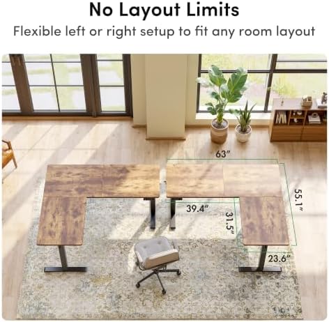 FEZIBO 63" x 55" L-Shaped Standing Desk - Adjustable Corner Desk L Shape, L-Shaped Adjustable Desk with Splice Board, L Shape Standing Desk, Rustic-Brown
